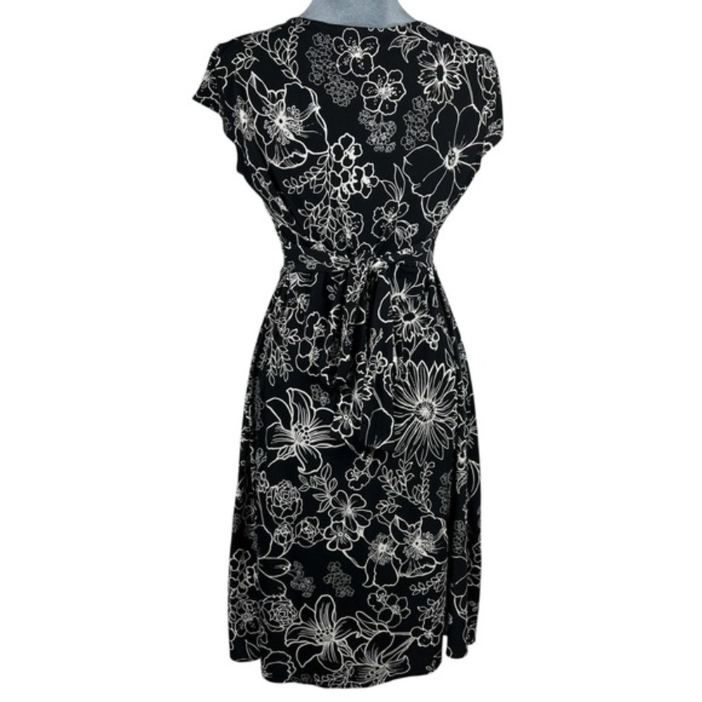 Vintage Y2K Floral Mock Wrap Midi Dress 11/12 Black White Tie Back‎ Empire Waist - Picture 2 of 8